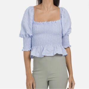 En Saison Smocked Puff Sleeve Blouse in Blue  Sz Small